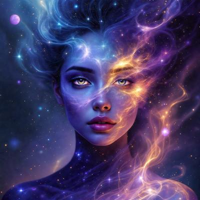 The primary subject of the image is a woman with blue eyes and a purple background. She is depicted with a purple and blue color scheme, which gives her a unique and artistic appearance. The visual style of the image is digital art, as it is a computer-generated portrait. The woman's eyes are described as "glowing," which adds to the overall mood and atmosphere of the image.